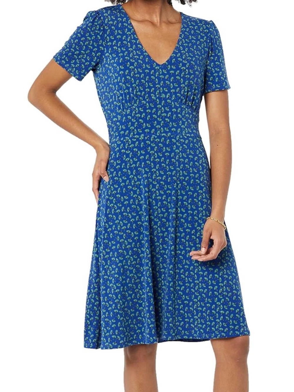 Amazon Essentials Navy Blue V‑Neck Midi Dress with Subtle Print